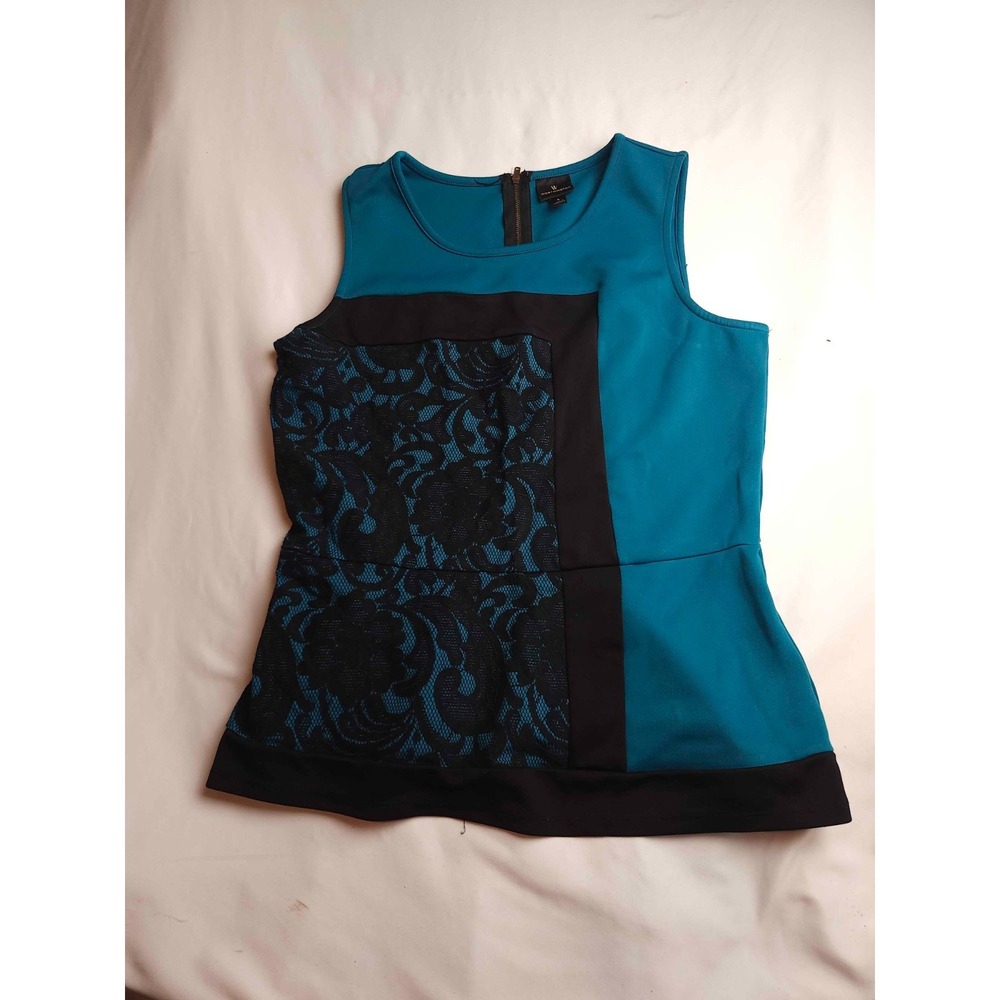 Worthington Blouse Womens Large Teal Black Lace Colorblock Peplum Sleeveless